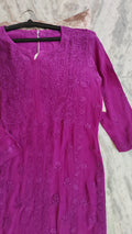 Ruby purple silk Chikankari co-ord set by LVW Fashions, featuring handmade Lucknow embroidery and a shining, premium finish.