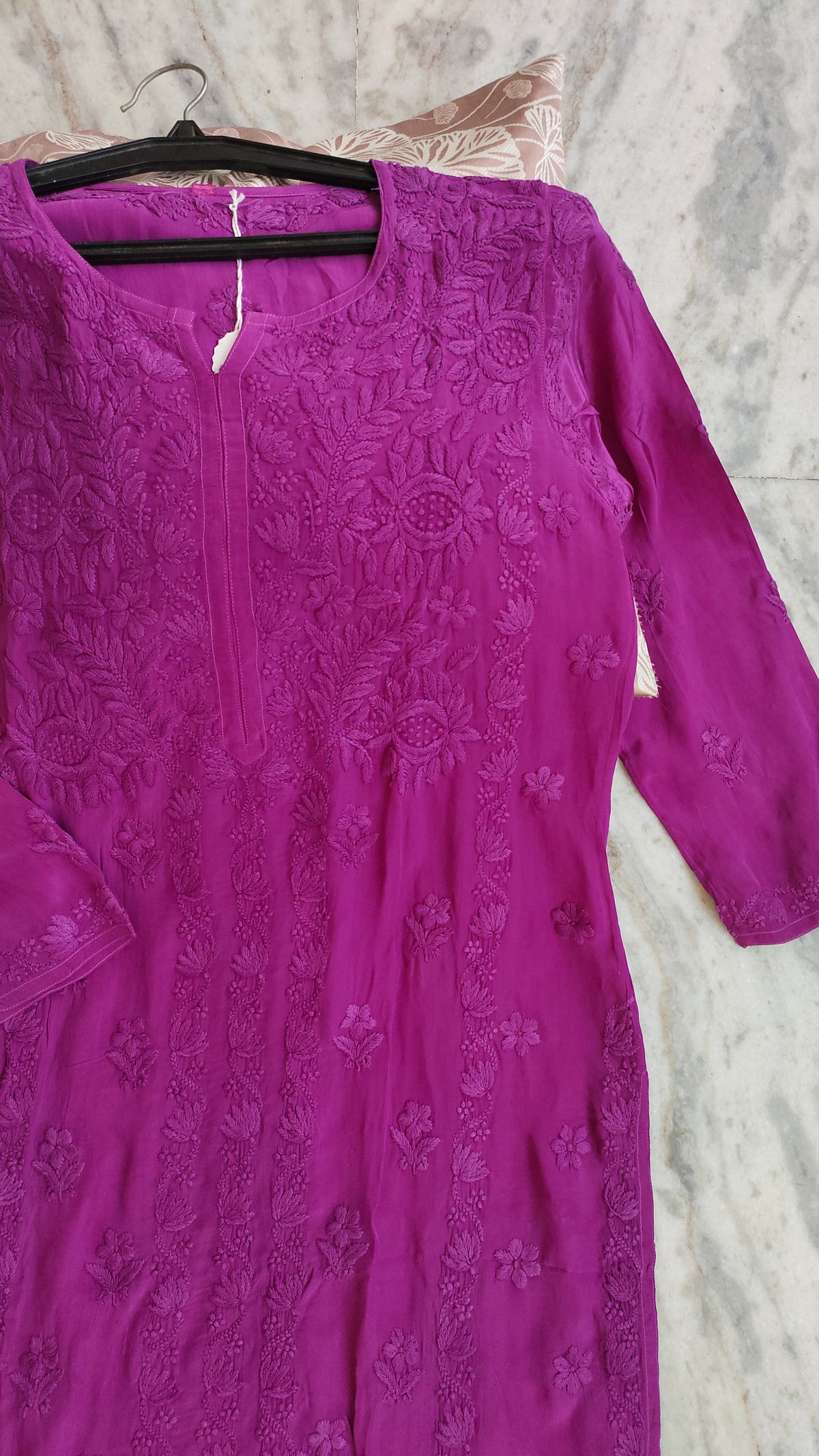 Ruby purple silk Chikankari co-ord set by LVW Fashions, featuring handmade Lucknow embroidery and a shining, premium finish.