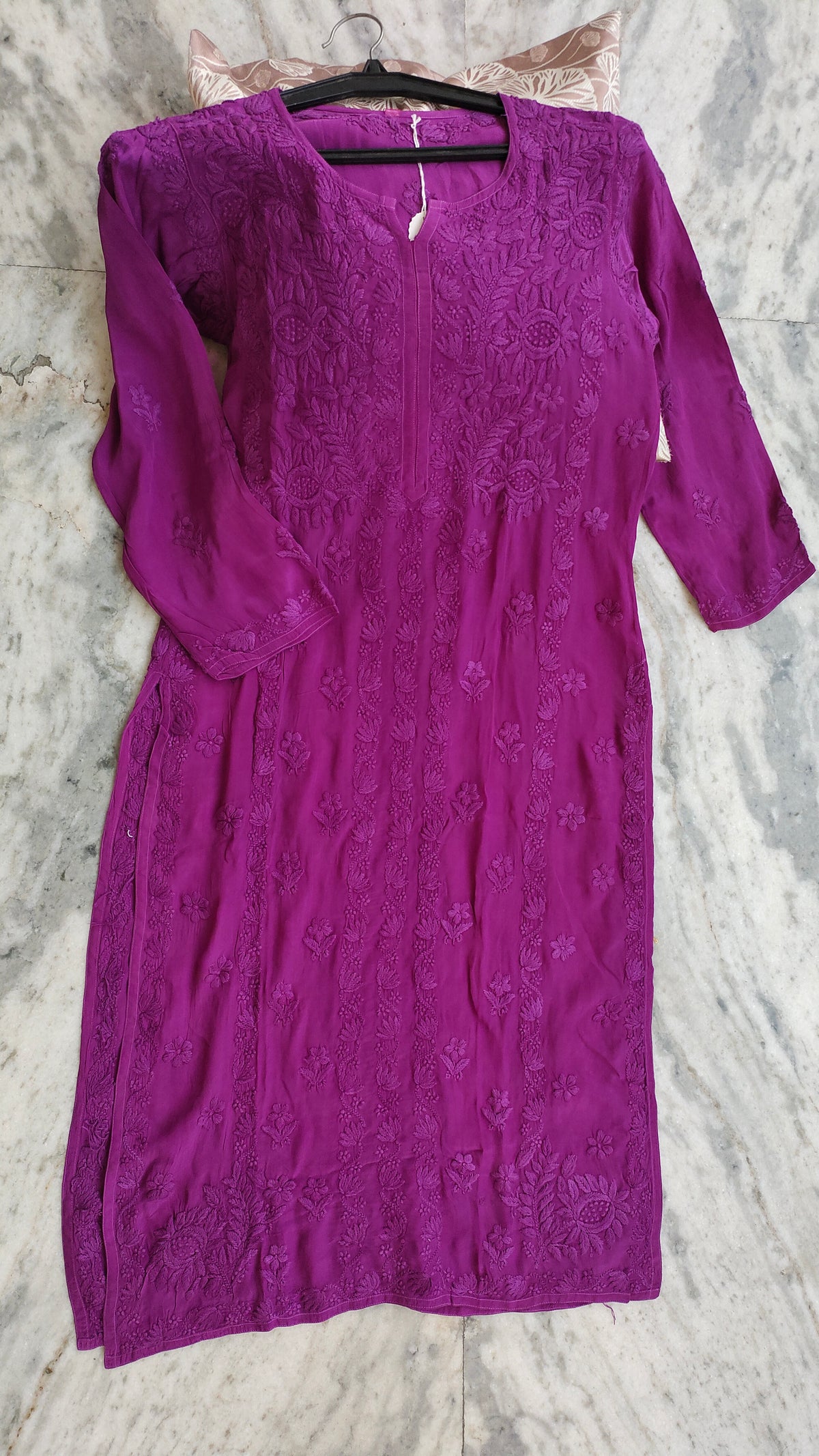 Ruby purple silk Chikankari co-ord set by LVW Fashions featuring handmade Lucknow embroidery and a shining, premium finish.