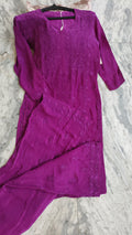 Ruby purple silk Chikankari co-ord set by LVW Fashions, featuring handmade Lucknow embroidery and a shiny, elegant finish.
