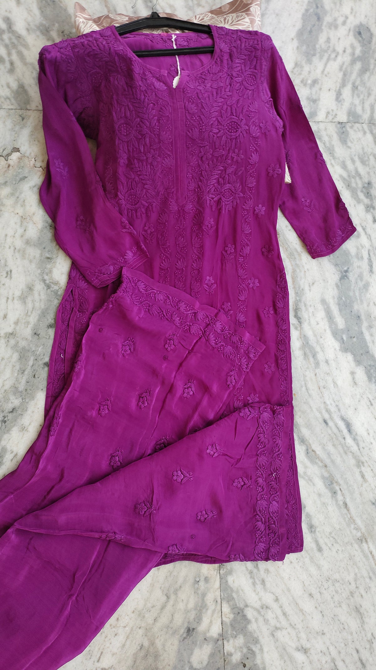 Ruby purple silk Chikankari co-ord set by LVW Fashions, featuring handmade Lucknow embroidery and a shiny, elegant finish.