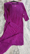 Ruby purple silk chikankari co-ord set featuring handmade Lucknow chikankari kurta and matching pants, premium shining silk fabric.