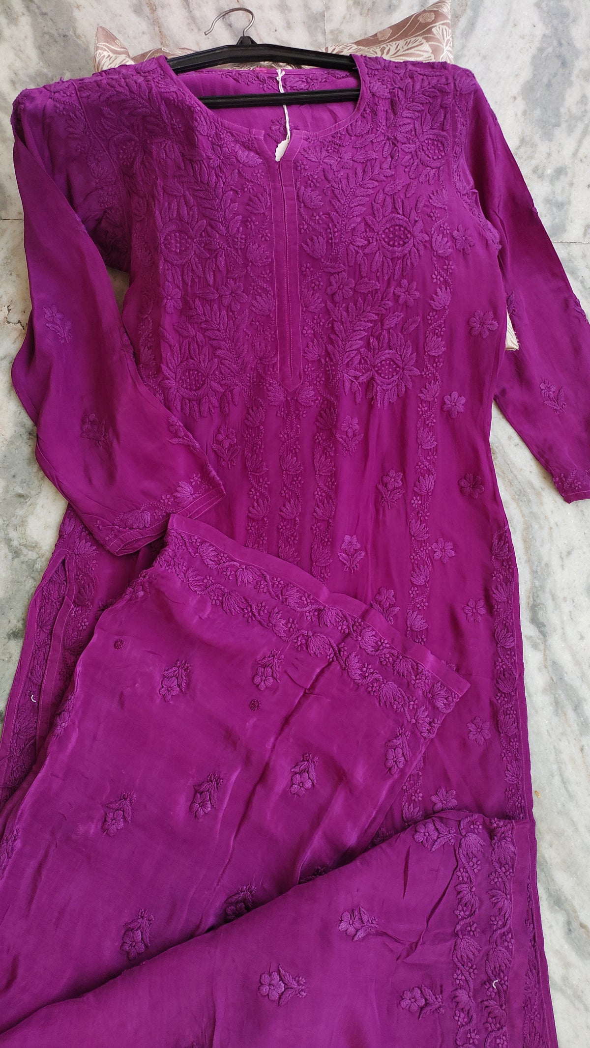 Ruby purple premium silk Chikankari co-ord set by LVW Fashions, featuring handcrafted Lucknow-style embroidery and shining fabric.