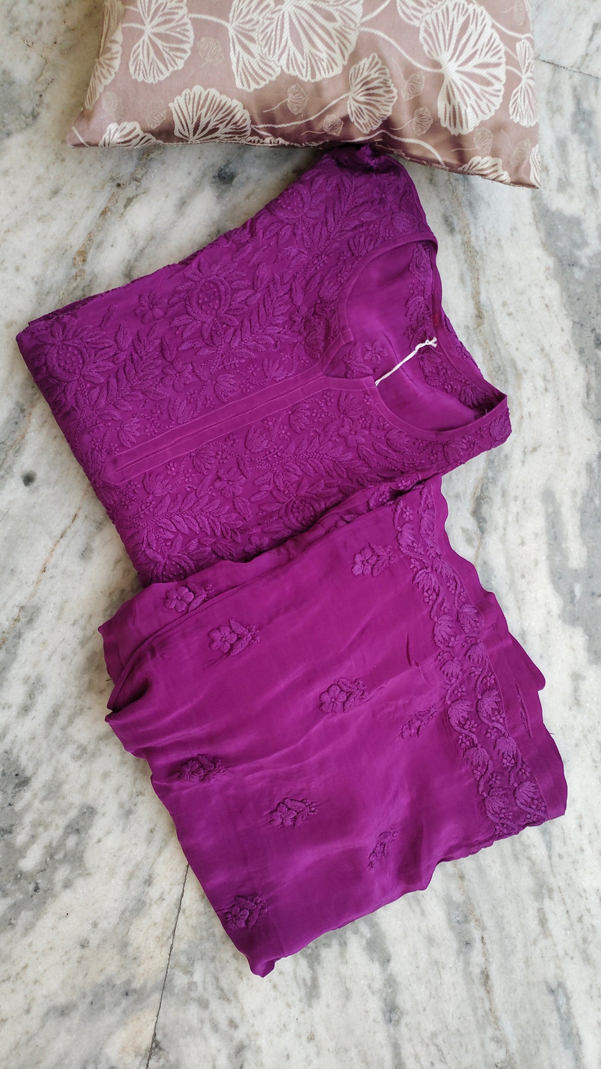 Ruby purple silk Chikankari co-ord set with handmade Lucknow embroidery, featuring a shining, premium finish and intricate detailing.