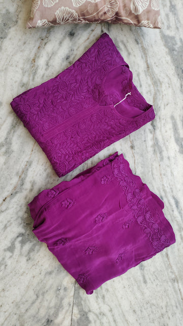 Ruby purple premium shining silk Chikankari co-ord set by LVW Fashions, featuring handcrafted Lucknow embroidery and elegant design.