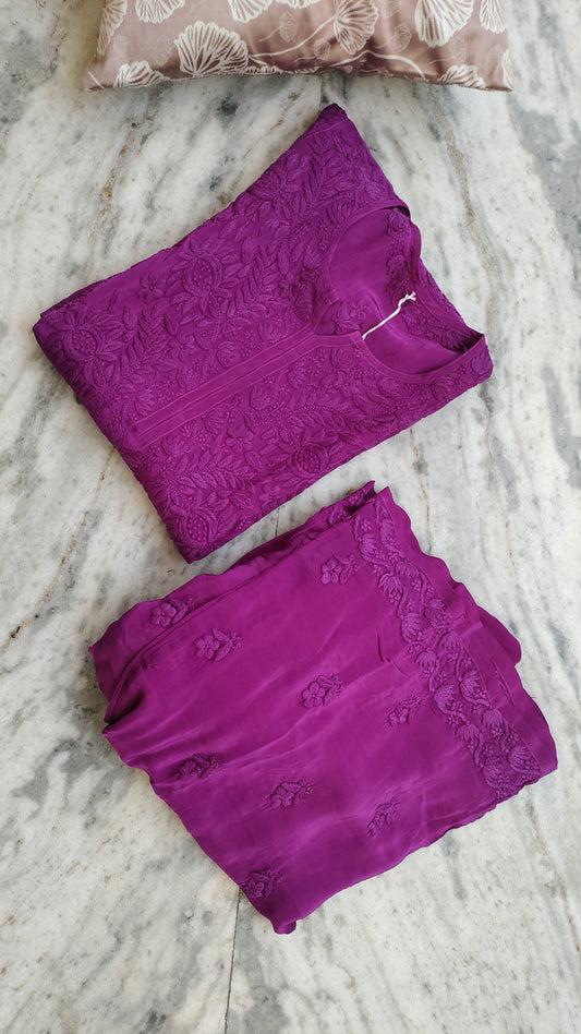 Ruby purple premium shining silk Chikankari co-ord set by LVW Fashions, featuring handcrafted Lucknow embroidery and elegant design.