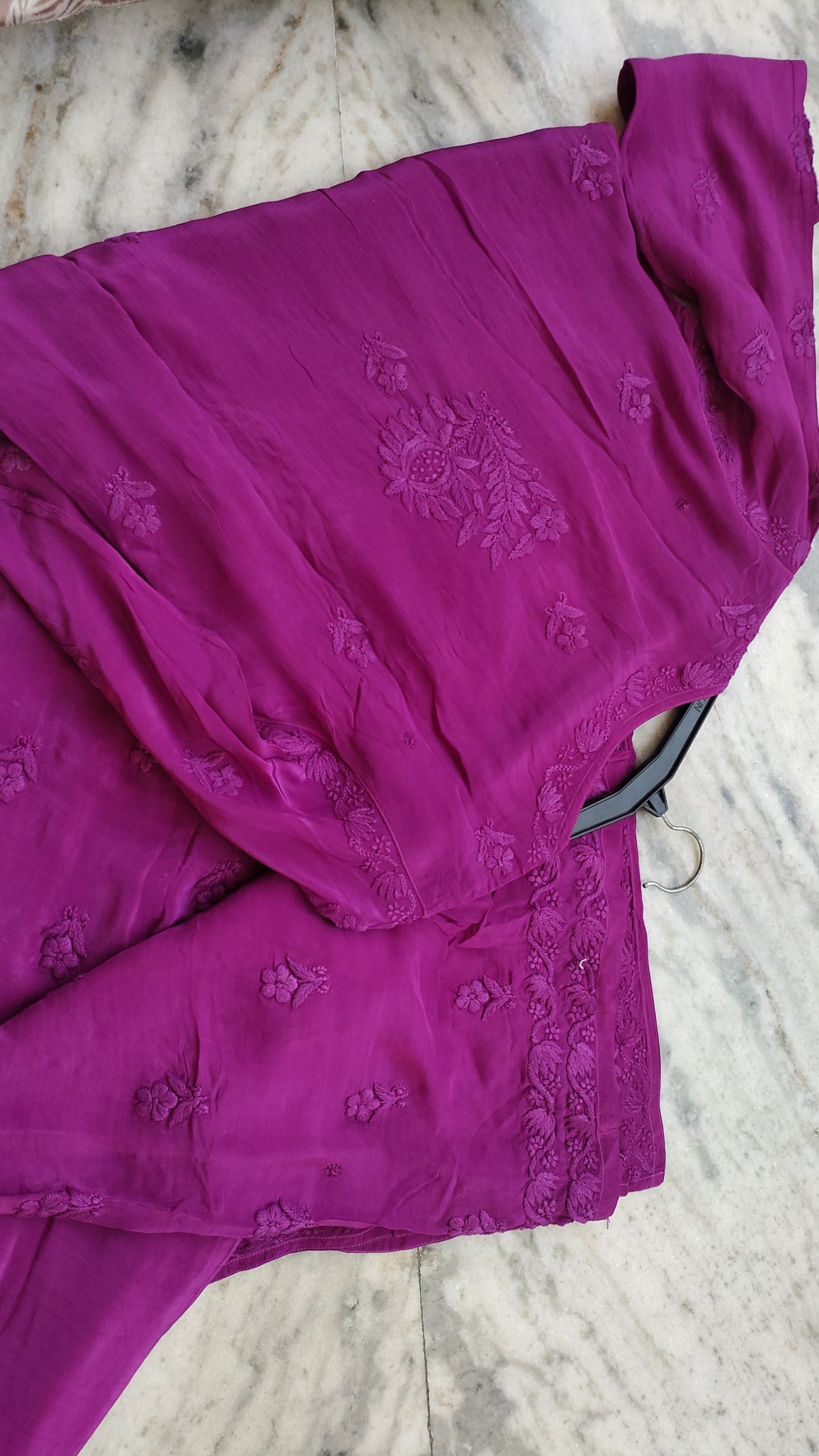 Ruby purple premium shining silk Chikankari co-ord set by LVW Fashions featuring intricate handmade Lucknow Chikankari kurta.