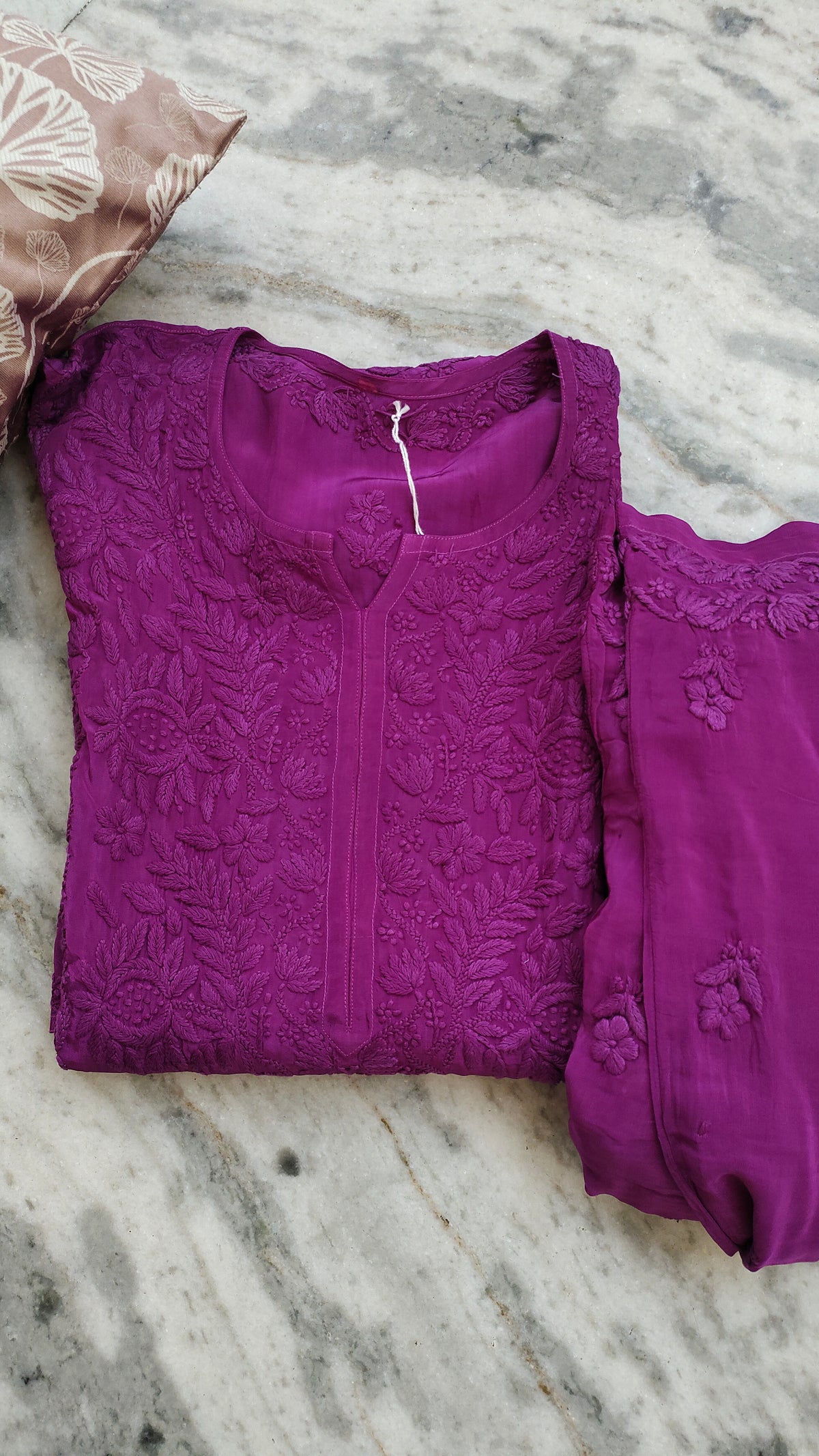 Ruby purple LVW Fashions silk chikankari co-ord set with handmade Lucknow embroidery, featuring a shining premium silk kurta and matching pants.