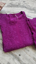 Ruby purple silk Chikankari co-ord set by LVW Fashions featuring handmade Lucknow embroidery and a shining, premium finish.