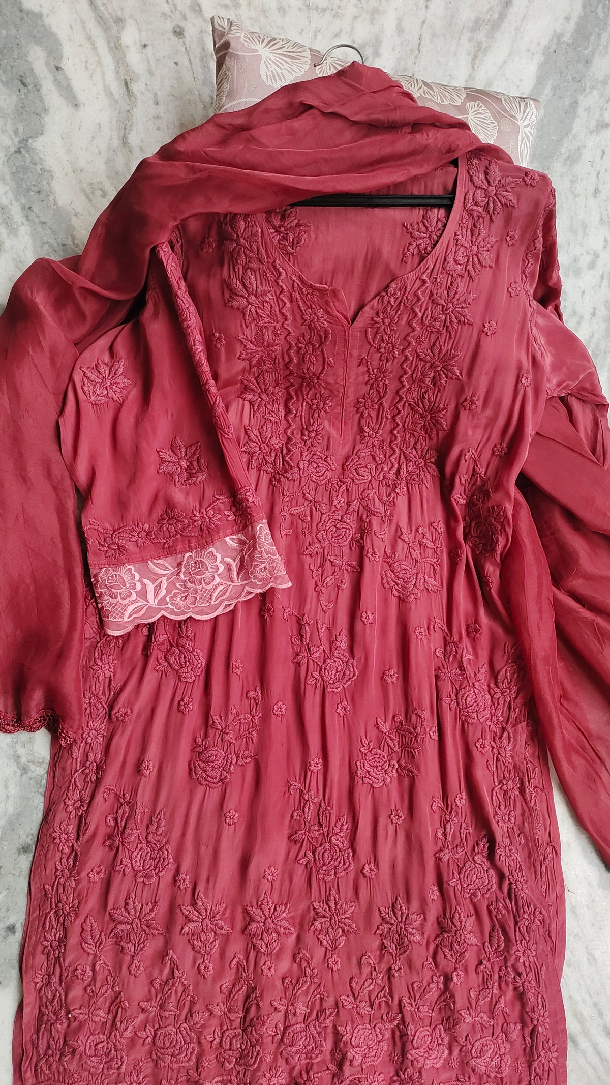 Luxurious Tyrian Adaya Rose silk co-ord set by LVW Fashions, handmade Lucknow chikankari kurta, perfect for weddings and special occasions.