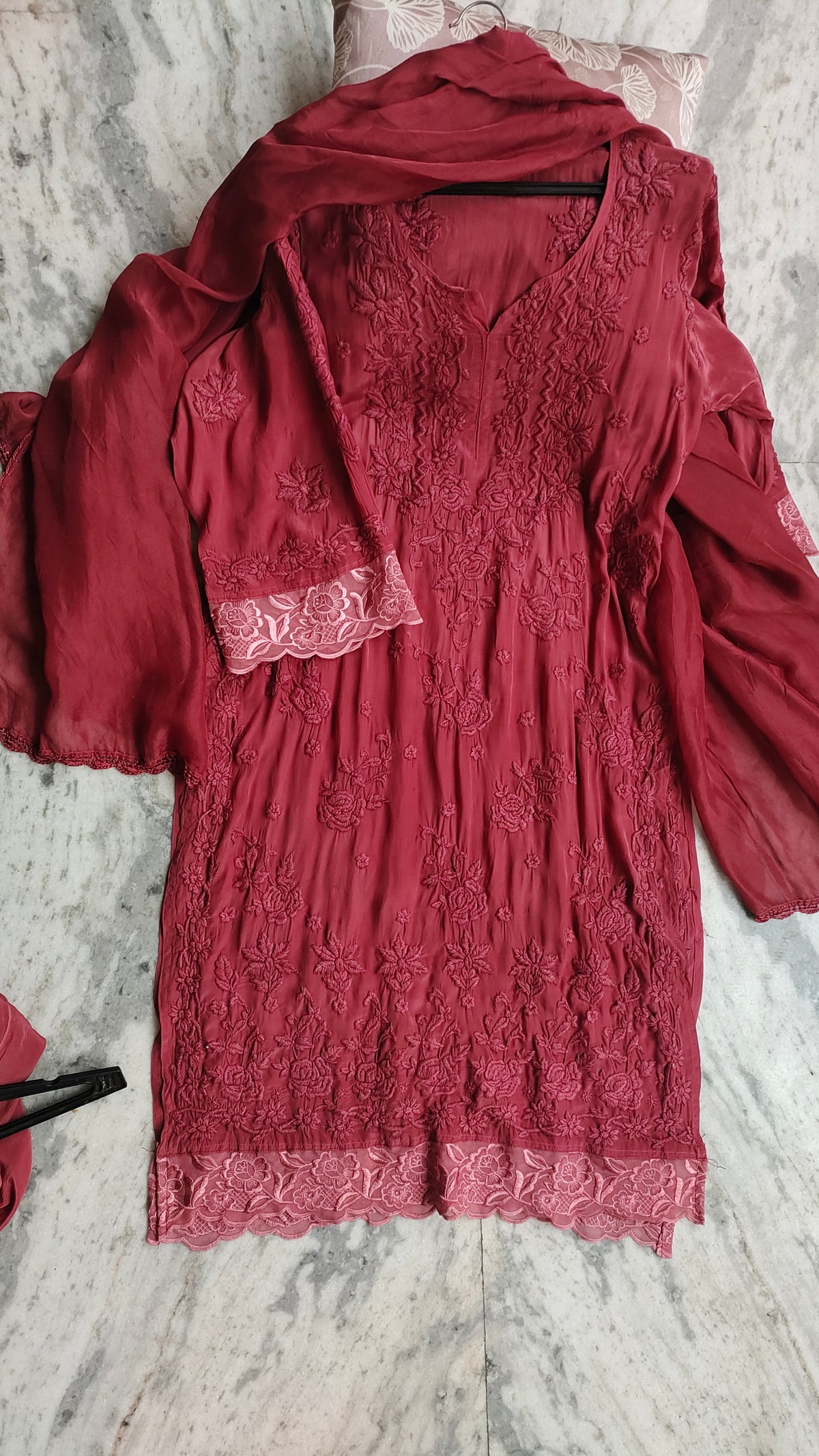 Luxury silk co-ord set by LVW Fashions featuring intricate Tyrian Adaya Rose wedding Chikankari kurta and pants, limited edition.