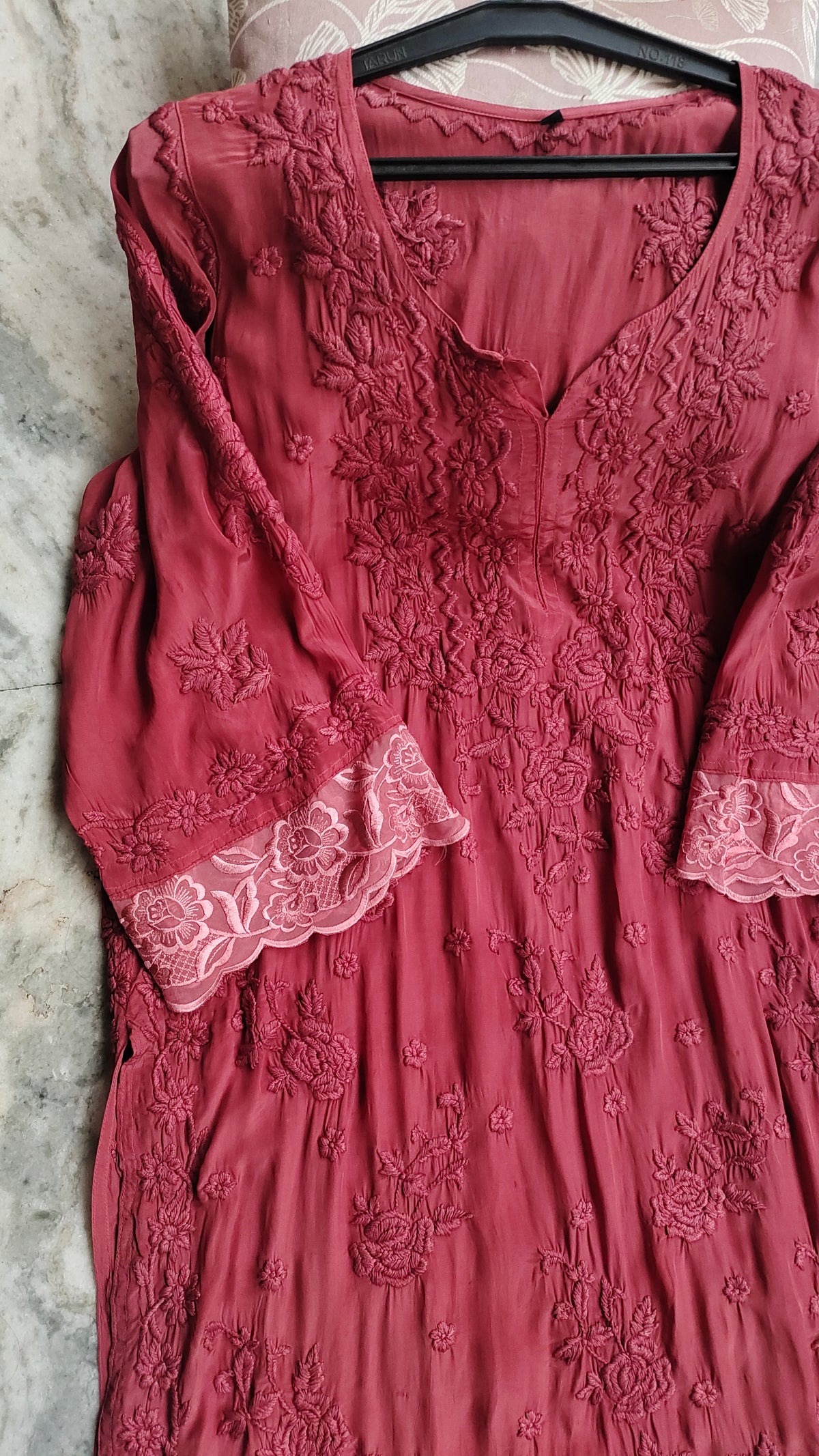 LVW Fashions Tyrian Adaya Rose wedding silk co-ord set featuring handmade Lucknow Chikankari Kurta in a luxurious, limited edition design.