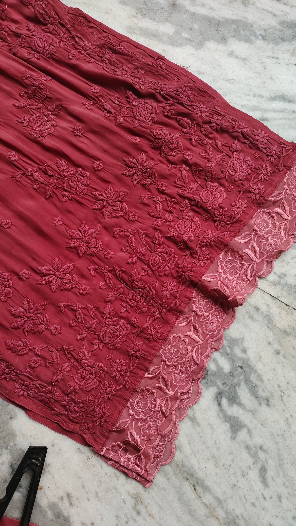 Luxurious Tyrian Adaya Rose silk co-ord set by LVW Fashions featuring handmade Lucknow Chikankari for weddings and special occasions.