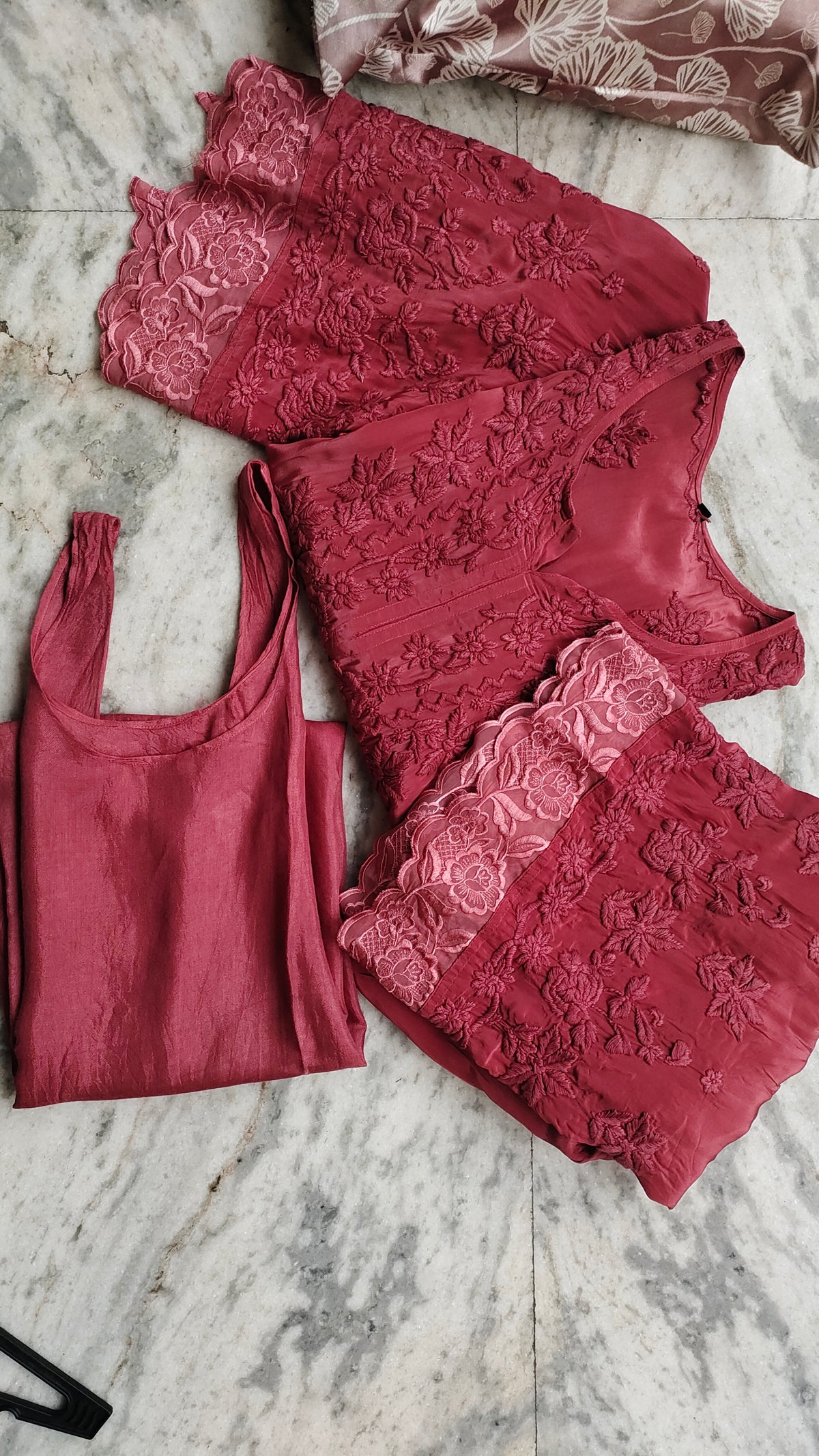 LVW Fashions Tyrian Adaya Rose silk co-ord set from the Luxurious Wedding Collection featuring handmade Lucknow Chikankari embroidery.
