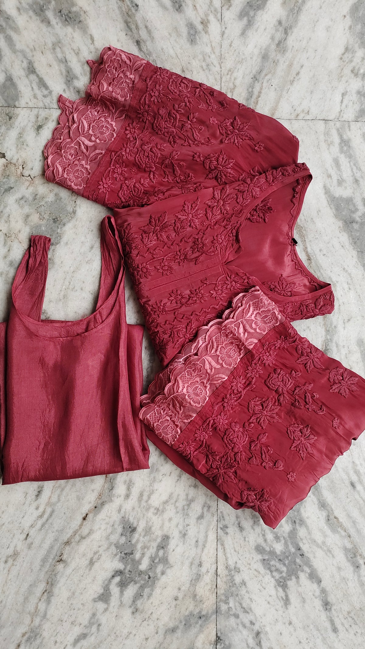 LVW Fashions luxury silk co-ord set featuring Tyrian Adaya Rose Chikankari kurta, perfect for wedding and special occasions.