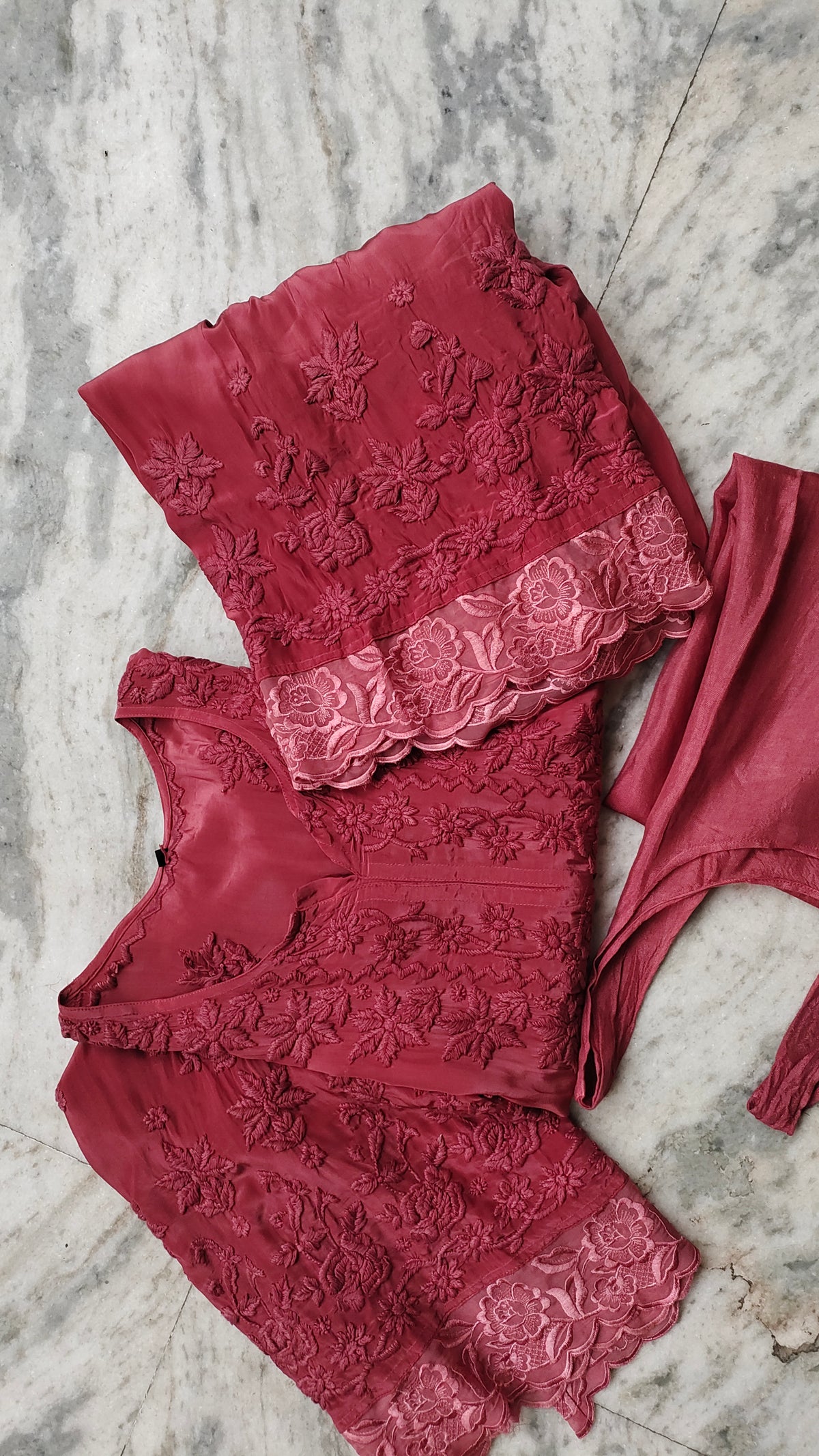 LVW Fashions Tyrian Adaya Rose silk co-ord set with handmade Lucknow chikankari, luxurious wedding collection, limited edition.