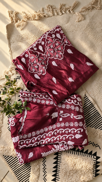 Wine Pure Handcrafted Designer Co-ord Set with Chikankari and golden work