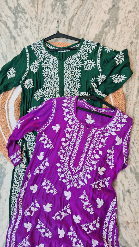 Deep green Zehana Premium Silk Chikankari long kurti by LVW Fashions, handmade Lucknow Chikankari luxury silk kurta for women.