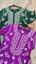 Deep green Zehana premium silk chikankari long kurti by LVW Fashions, handcrafted Lucknow chikankari embroidery.