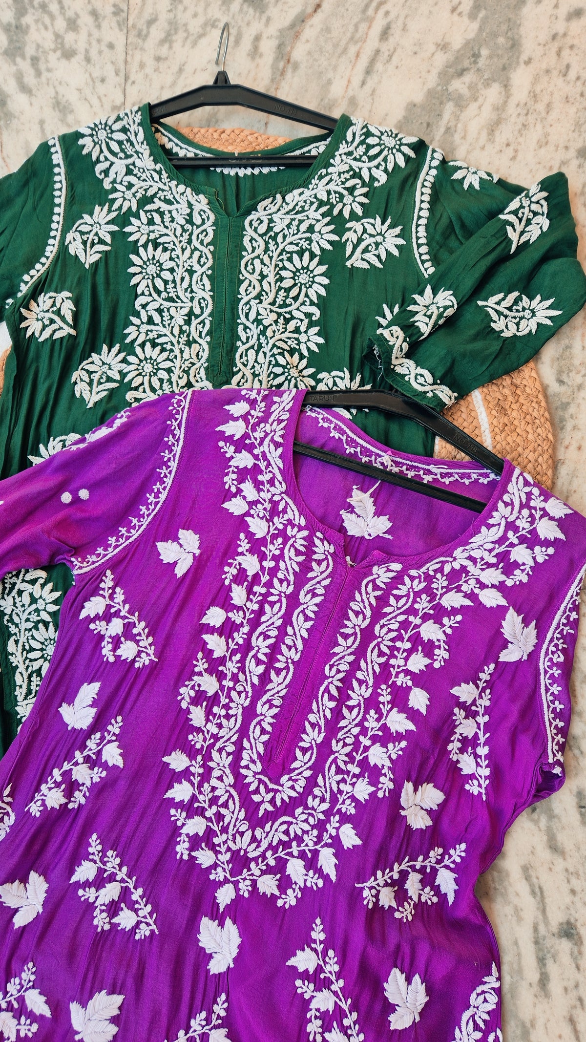 Deep green Zehana premium silk chikankari long kurti by LVW Fashions, handcrafted Lucknow chikankari embroidery.