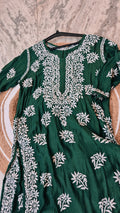 Zeahana premium silk Chikankari long kurti in deep green, handmade by LVW Fashions with intricate Lucknow-style embroidery.