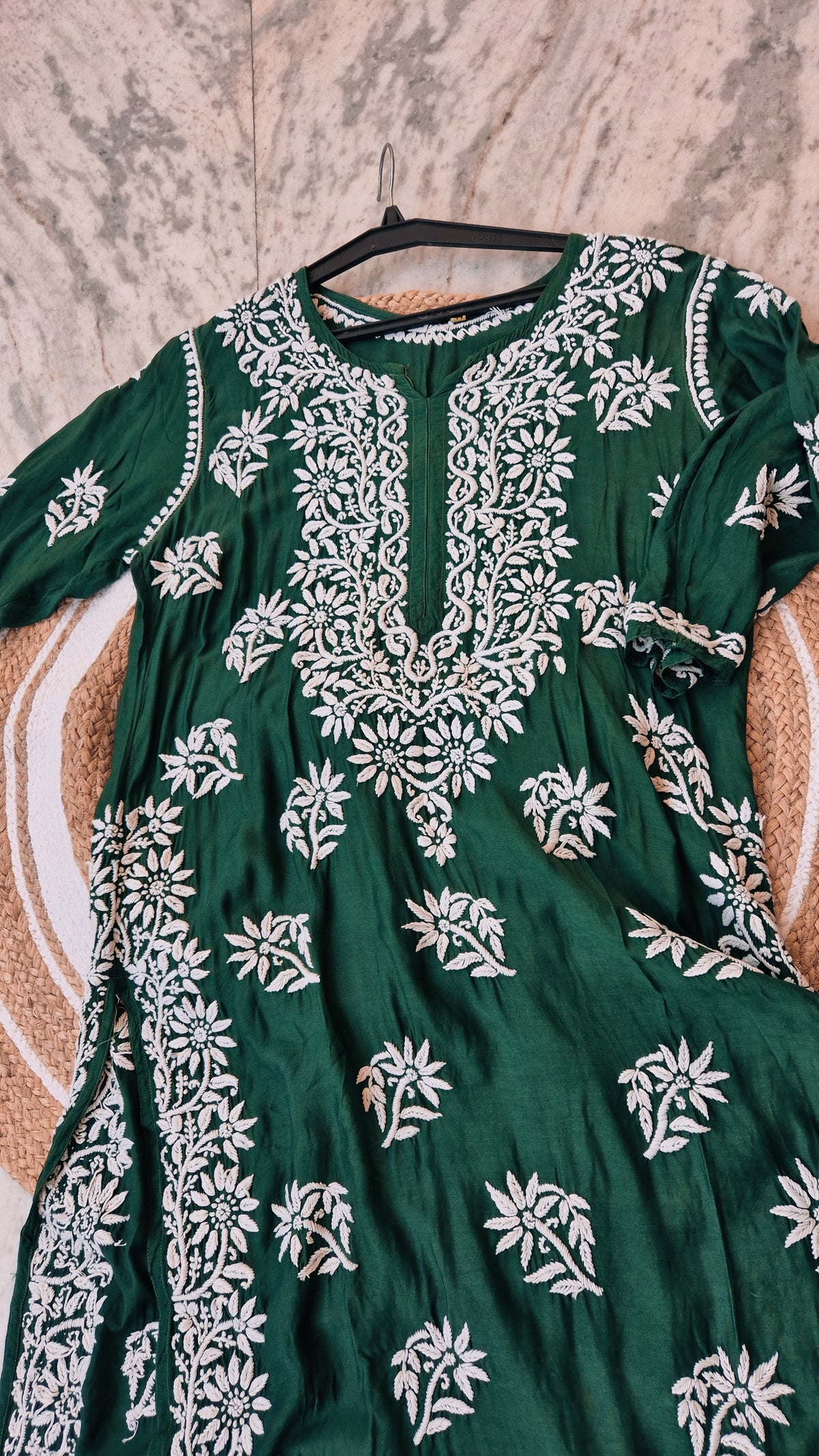 Zeahana premium silk Chikankari long kurti in deep green, handmade by LVW Fashions with intricate Lucknow-style embroidery.