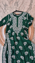 Deep green Zehana premium silk chikankari long kurti by LVW Fashions, handmade Lucknow chikankari, luxurious traditional Indian attire.