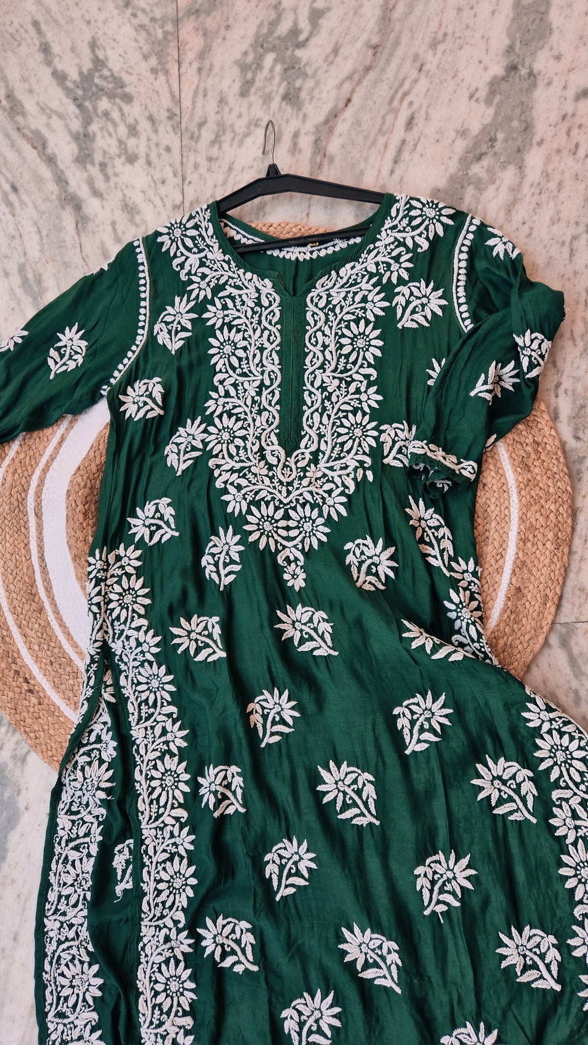 Deep green Zehana premium silk chikankari long kurti by LVW Fashions, handmade Lucknow chikankari, luxurious traditional Indian attire.