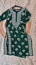 Deep green Zehana premium silk Chikankari long kurti by LVW Fashions, handmade traditional Lucknow Chikankari kurta.