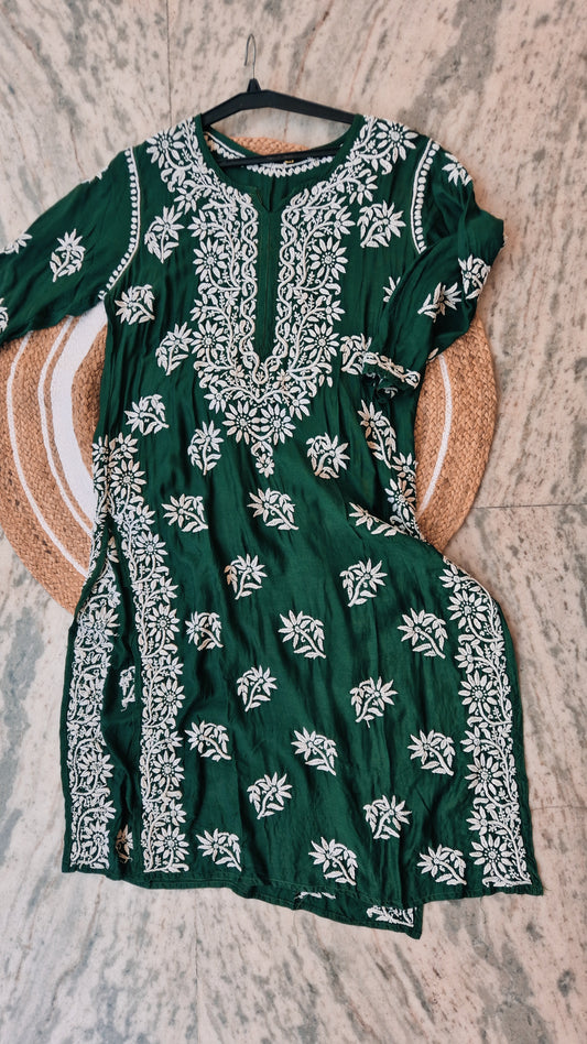 Deep green Zehana premium silk Chikankari long kurti by LVW Fashions, handmade traditional Lucknow Chikankari kurta.
