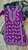 Luxurious green Zehana premium silk Chikankari long kurti by LVW Fashions, handmade Lucknow Chikankari kurta in deep green fabric.