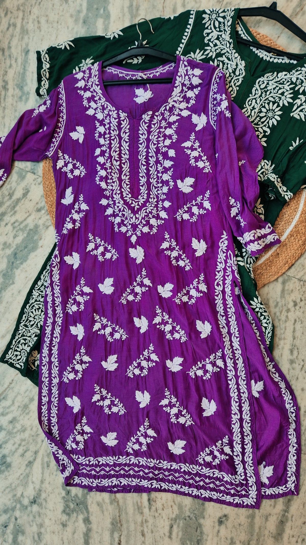 Luxurious green Zehana premium silk Chikankari long kurti by LVW Fashions, handmade Lucknow Chikankari kurta in deep green fabric.