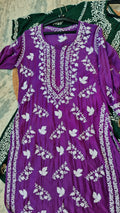 Deep green Zehana premium silk chikankari kurti by LVW Fashions, luxurious handmade long Lucknow chikankari kurta with intricate embroidery.