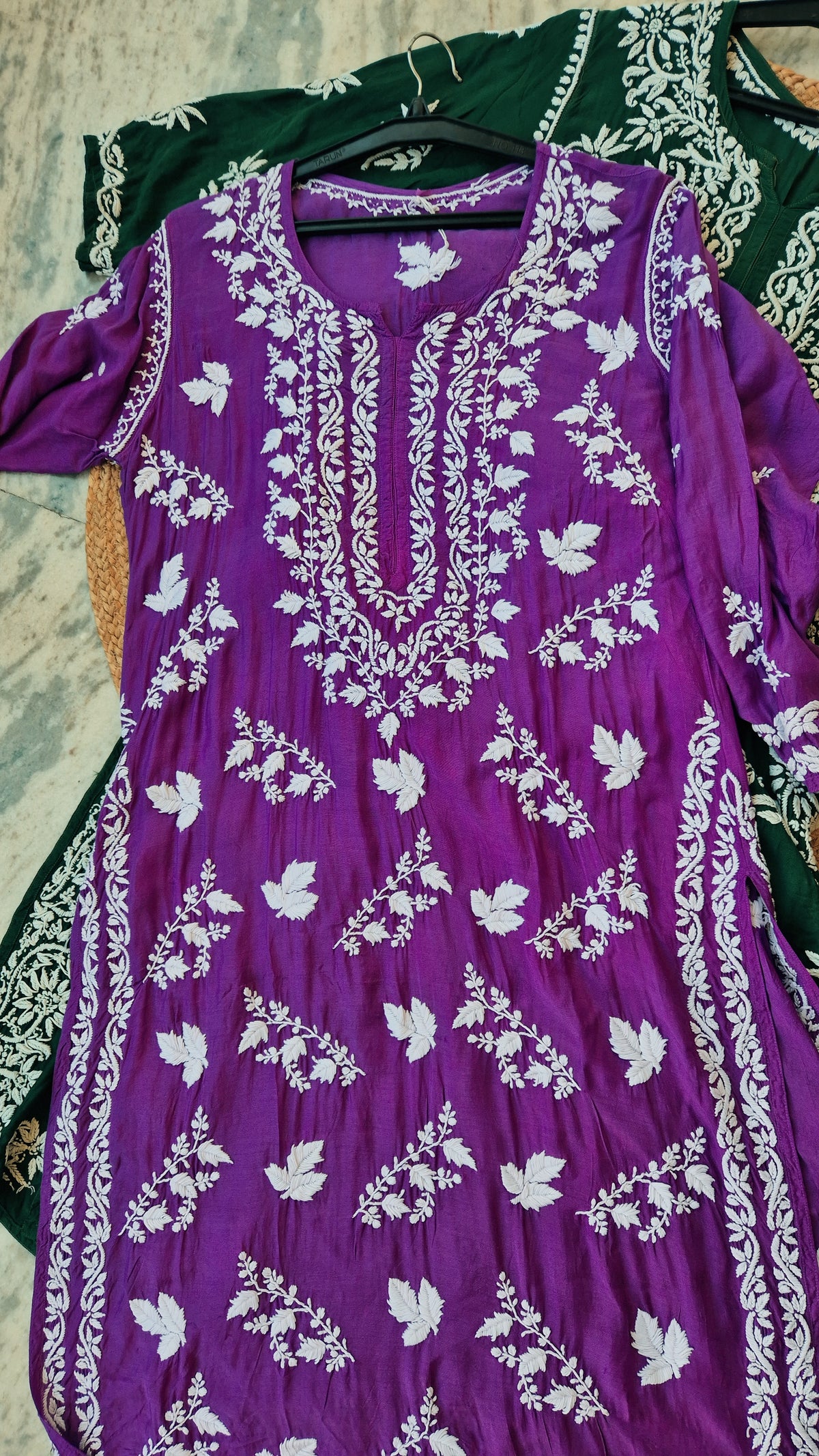 Deep green Zehana premium silk chikankari kurti by LVW Fashions, luxurious handmade long Lucknow chikankari kurta with intricate embroidery.
