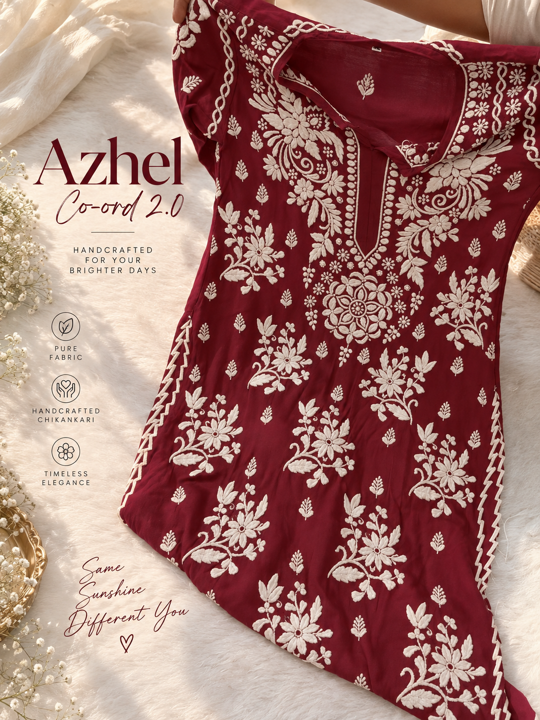 Deep maroon Azhel co-ord set by LVW Fashions with intricate back and sleeve embroidery in handmade Lucknow Chikankari style.