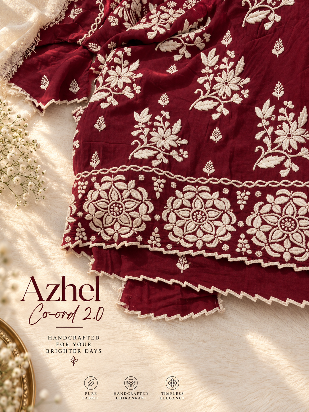 Deep maroon Azhel co-ord set with back and sleeve embroidery by LVW Fashions, handmade Lucknow Chikankari kurta ensemble.