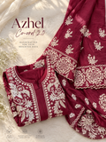 Deep maroon Azhel co-ord set by LVW Fashions with intricate back and sleeve embroidery, handmade Lucknow chikankari kurta.