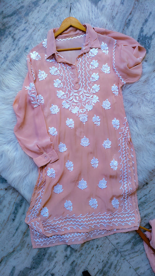 Fariha stylish shirt co-ord set by LVW Fashions, premium silk with handcrafted luxurious embroidery and Lucknow Chikankari details.