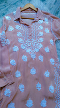 Fariha stylish shirt co-ord set by LVW Fashions in premium silk with handcrafted luxurious embroidery, featuring Lucknow Chikankari design.