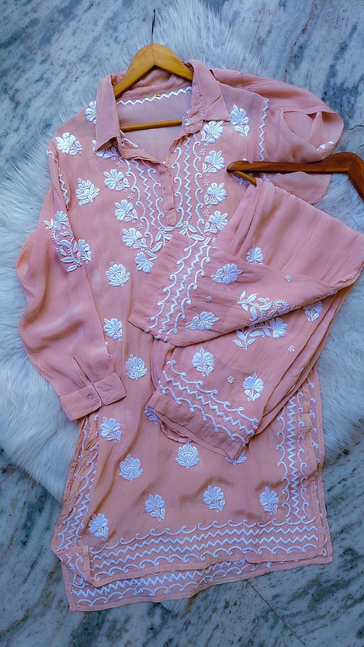 Fariha stylish shirt co-ord set in premium silk with handcrafted luxurious embroidery, handmade Lucknow Chikankari kurta by LVW Fashions