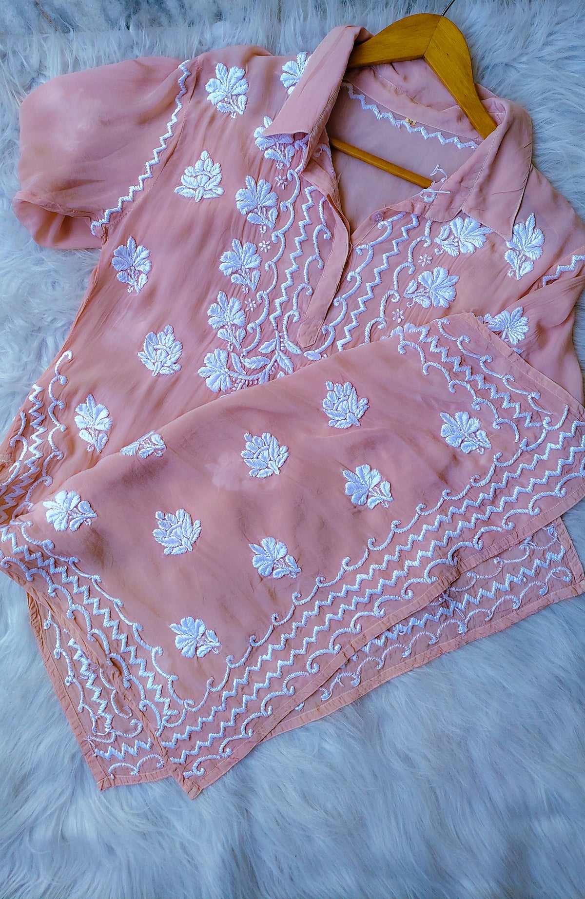 Fariha stylish shirt co-ord set in premium silk with luxurious handcrafted Lucknow chikankari embroidery, by LVW Fashions.