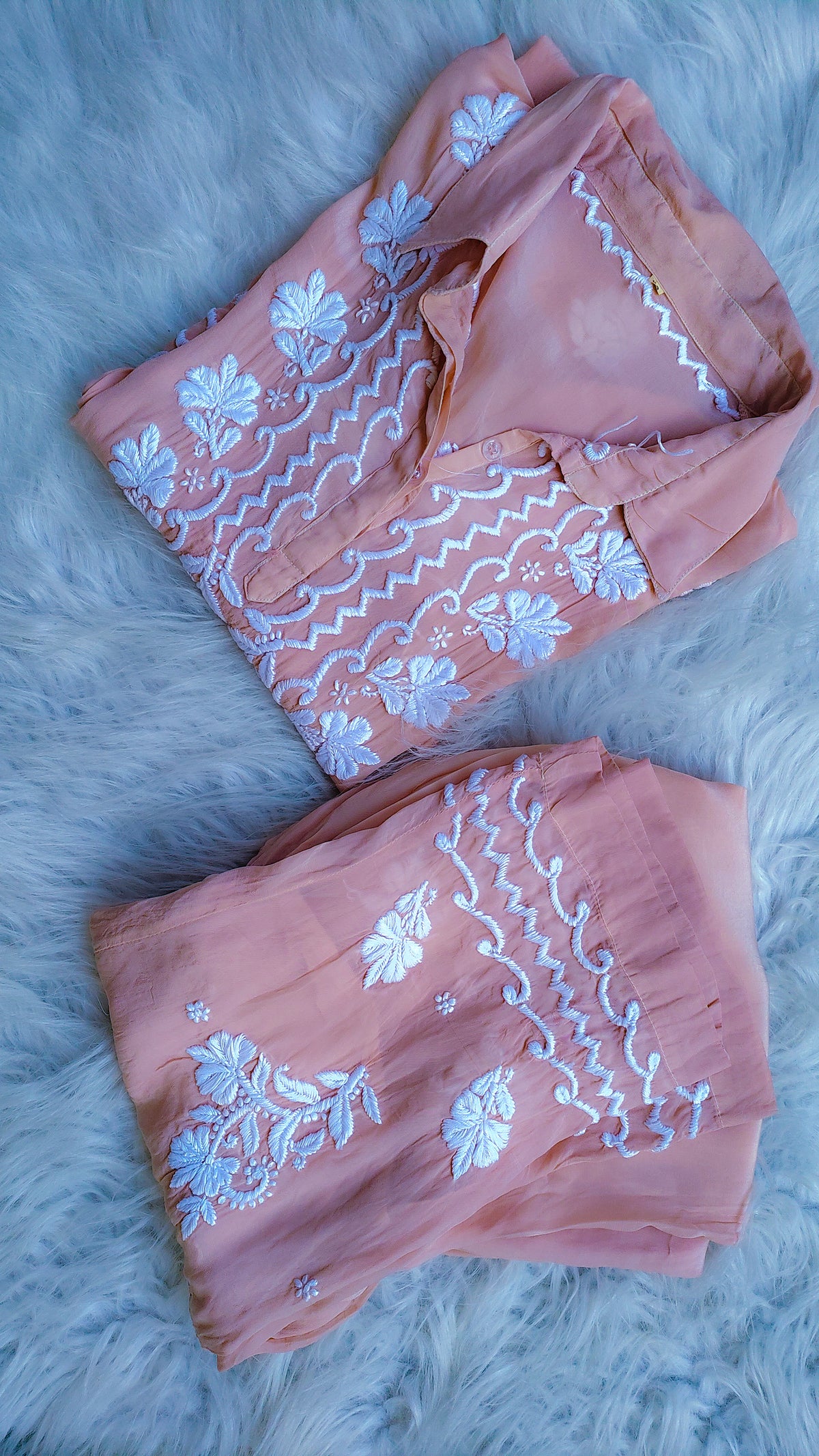 Fariha stylish shirt co-ord set by LVW Fashions in premium silk with handcrafted luxurious embroidery, Lucknow Chikankari design.