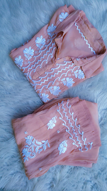 Fariha stylish shirt co-ord set by LVW Fashions in premium silk with handcrafted luxurious embroidery, Lucknow Chikankari design.