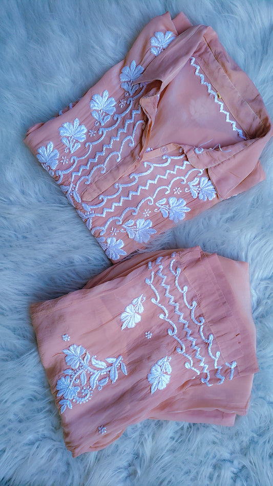 Fariha stylish shirt co-ord set by LVW Fashions in premium silk with handcrafted luxurious embroidery, Lucknow Chikankari design.