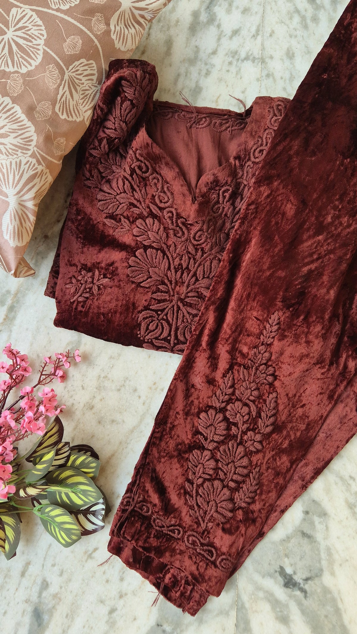 Handcrafted Kashmiri Makhmal Chikankari kurta with intricate embroidery, soft warm fabric, from LVW Fashions, perfect for winter.