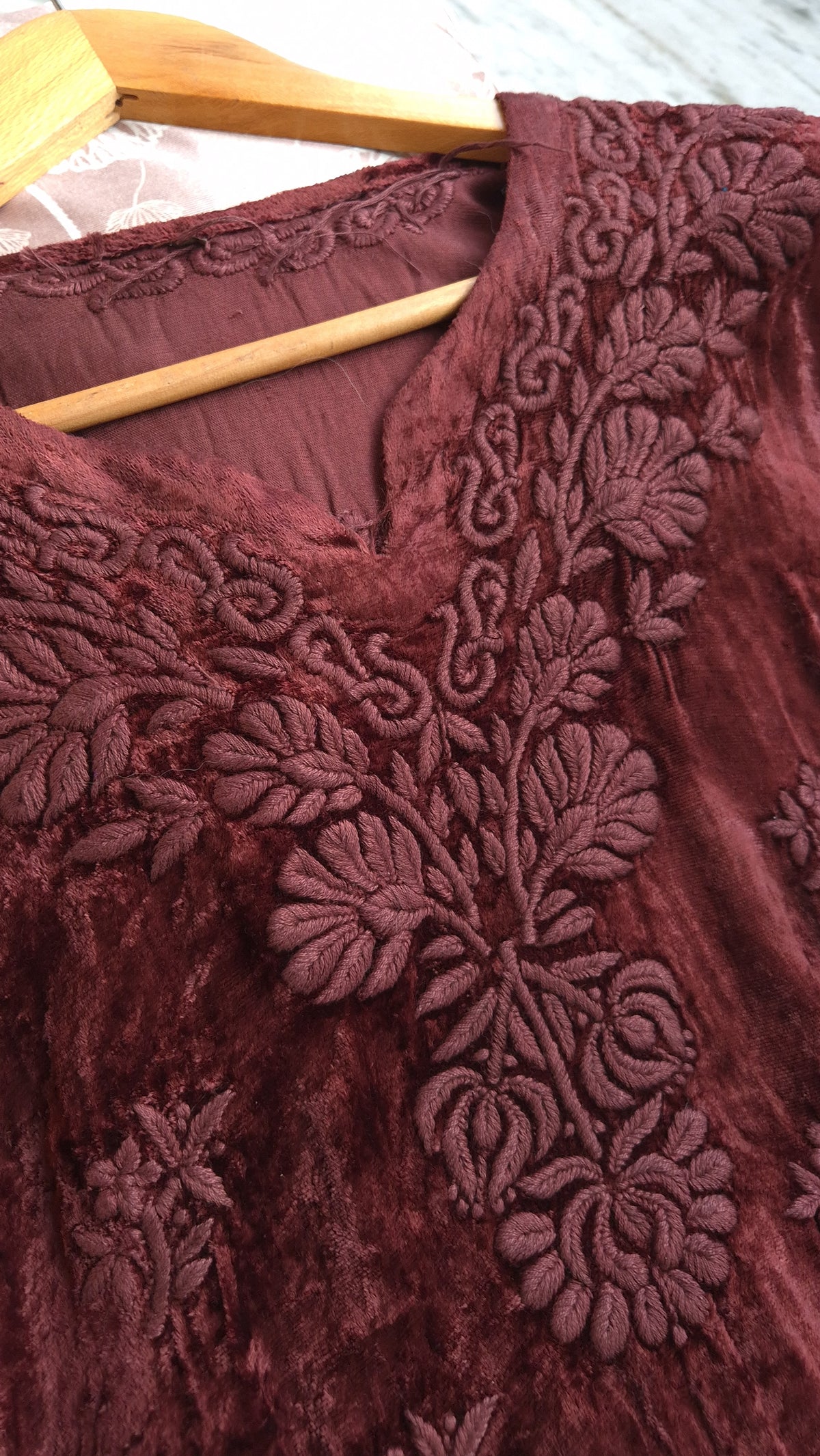 Handcrafted Kashmiri Makhmal Kurta with intricate Chikankari embroidery, soft, warm, and luxurious fabric from LVW Fashions.