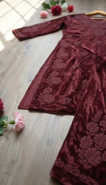 Handcrafted Kashmiri Makhmal Chikankari kurta by LVW Fashions, soft, warm, and luxurious winter embroidery, handmade in Lucknow.