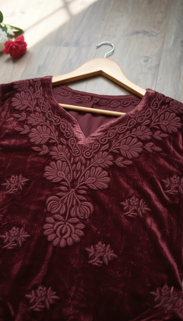 Handcrafted Kashmiri Makhmal Chikankari kurta by LVW Fashions, soft, warm, luxurious winter embroidered kurta from Lucknow.