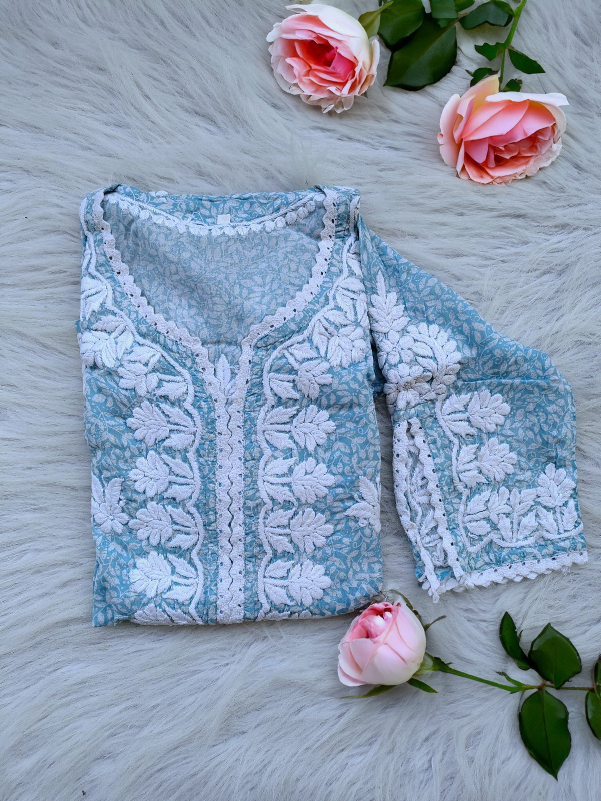 Green wrist cut premium mul soft cotton kurti with handmade Lucknow chikankari embroidery by LVW Fashions.