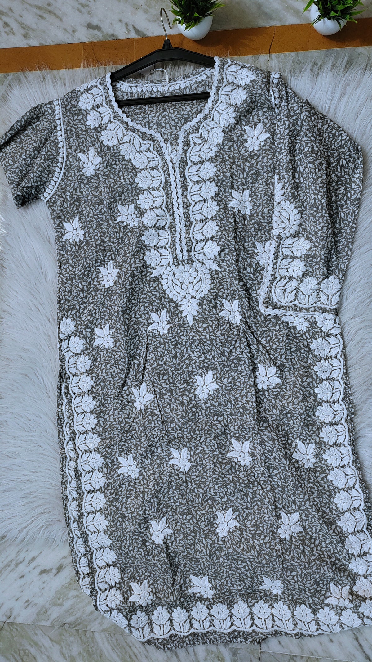 Green WRIST Cut Premium Mul soft cotton Kurti by LVW Fashions featuring intricate handmade Lucknow Chikankari embroidery.